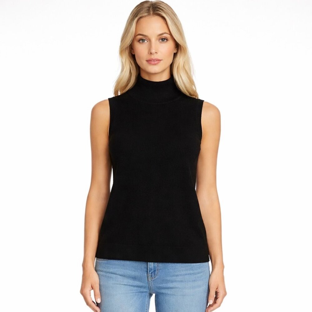Minnie Rose Black mock turtleneck black knit sleeveless top size small